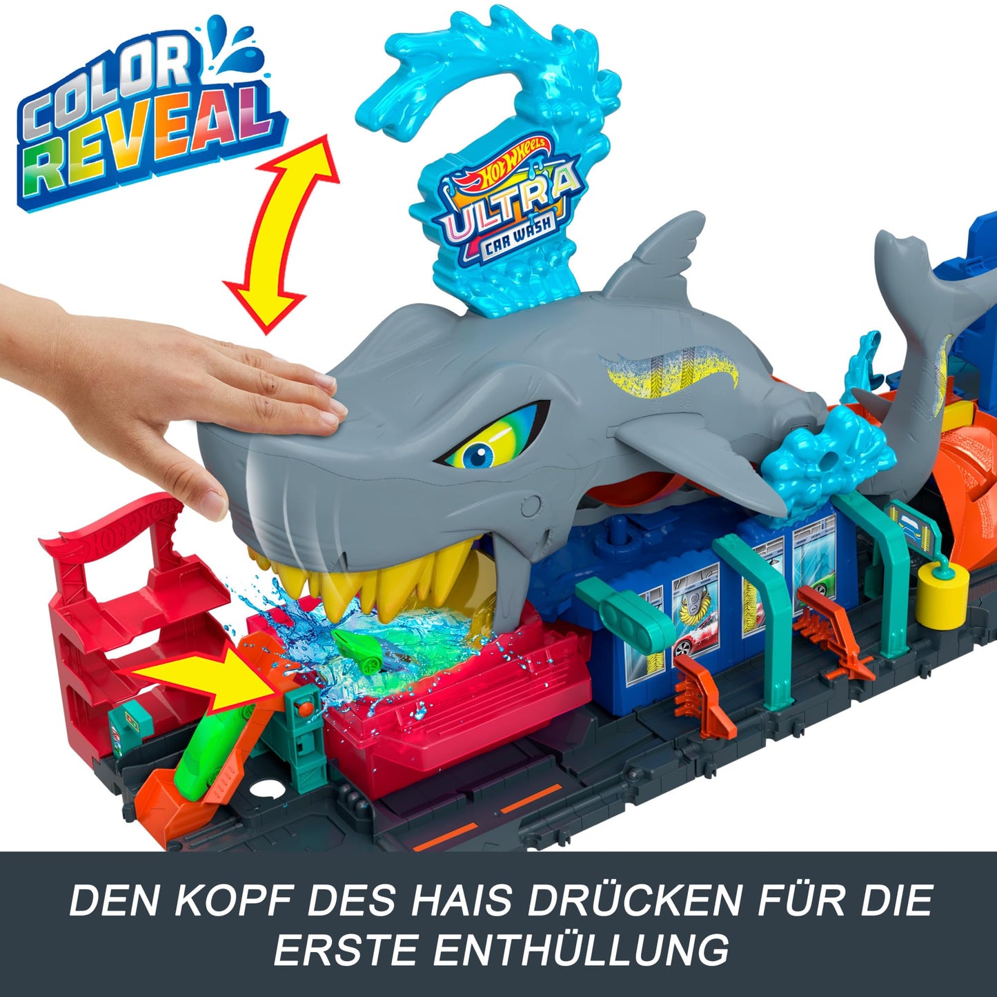 Hot Wheels Let's Race Netflix City toy car track set, Ultimate Shark car wash with 1:64 scale toy car, color change feature, repeatable color change effect, storage, HTN82.