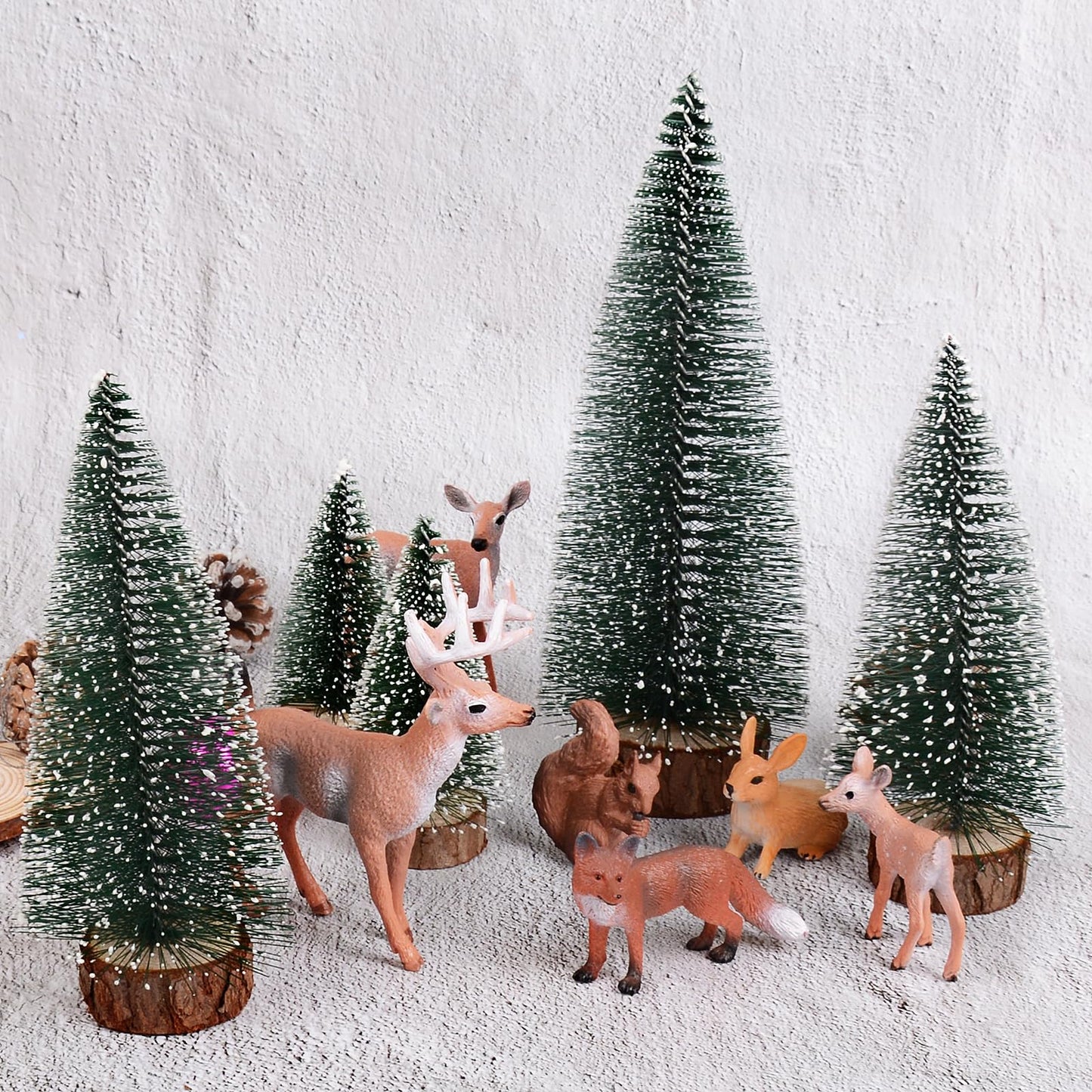 14 pieces Christmas Mini Figures Christmas Tree Artificial Ornament Miniature Pine Tree Deer Rabbit Fox Squirrel Reindeer Small Christmas Figures Christmas Decoration for Crafting Xmas