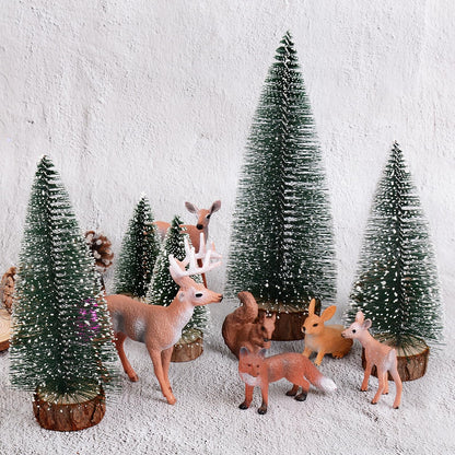 14 pieces Christmas Mini Figures Christmas Tree Artificial Ornament Miniature Pine Tree Deer Rabbit Fox Squirrel Reindeer Small Christmas Figures Christmas Decoration for Crafting Xmas