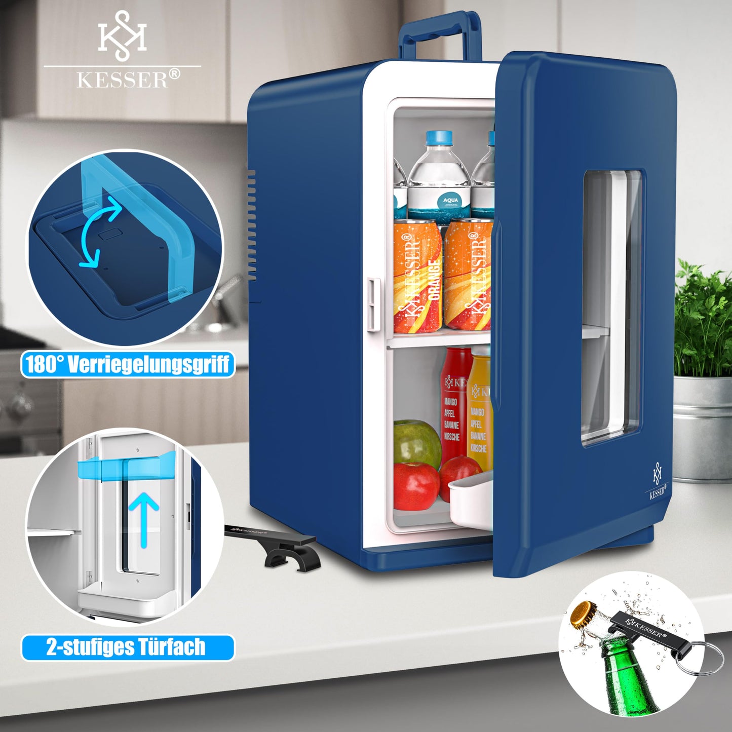 KESSER 2in1 Mini Fridge Cooler 15 liters with cooling and heating function. Portable with AC DC 220-240V/12V plug and car lighter. Keeps food warm. Perfect for car, office, room, camping, and garden in navy blue color.