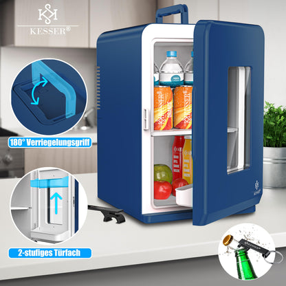 KESSER 2in1 Mini Fridge Cooler 15 liters with cooling and heating function. Portable with AC DC 220-240V/12V plug and car lighter. Keeps food warm. Perfect for car, office, room, camping, and garden in navy blue color.