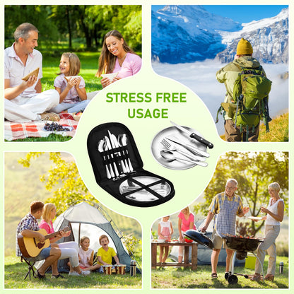 Camping tableware set for 2 people, 14 pieces, picnic set, stainless steel outdoor tableware for camping, picnicking, grilling, and hiking.