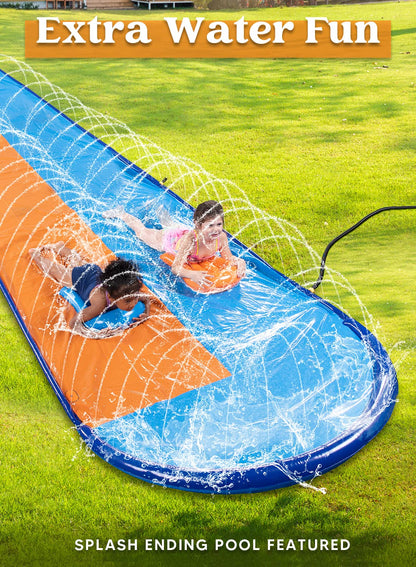 SLOOSH 22.5ft x 62in/685.8*157.5cm Double Lawn Water Slide, sturdy water slide with sprinkler and 2 inflatable boards for kids and adults, summer party, backyard, outdoor water activities.