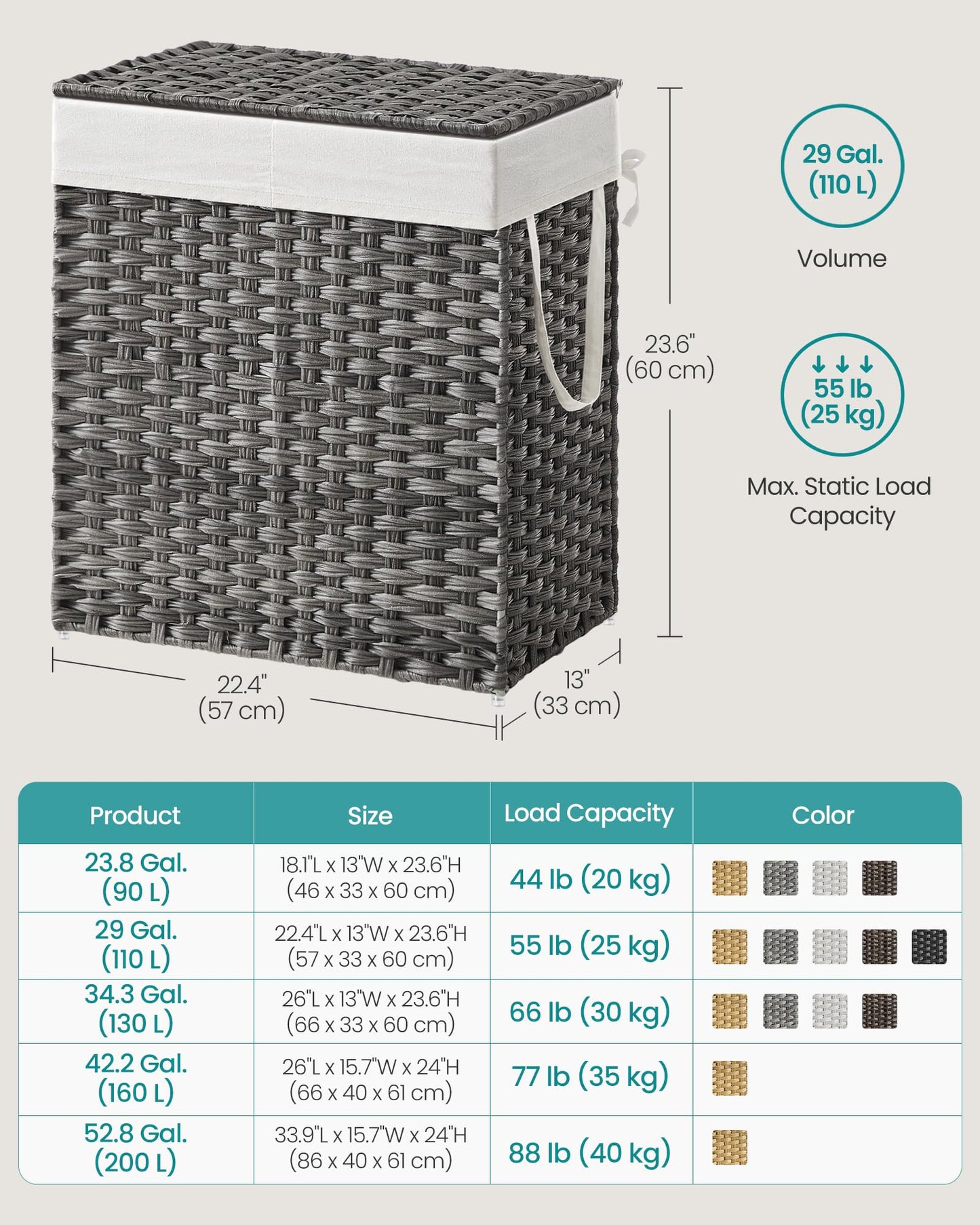 SONGMICS laundry hamper with lid, laundry collector 110 liters, 2 compartments, removable laundry bag with handles, hand-woven, for bedroom, bathroom, 33 x 57 x 60 cm, gray LCB252G01