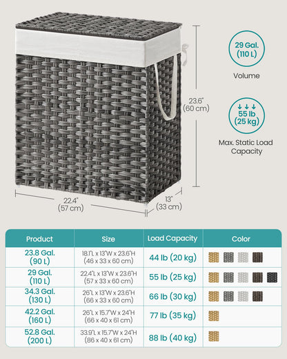 SONGMICS laundry hamper with lid, laundry collector 110 liters, 2 compartments, removable laundry bag with handles, hand-woven, for bedroom, bathroom, 33 x 57 x 60 cm, gray LCB252G01
