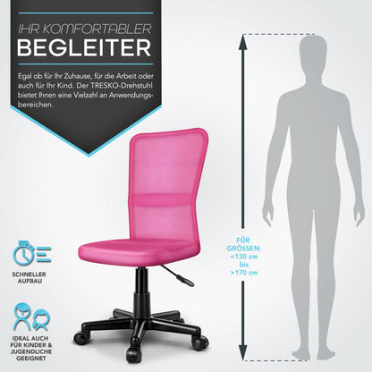 TRESKO office chair desk chair swivel chair, available in 7 color variations, with plastic castors, infinitely height-adjustable, padded seat, lift SGS tested (Pink)