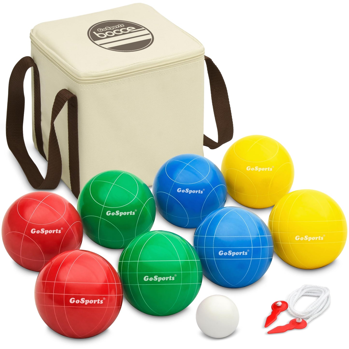 GoSports 90 mm Backyard Bocce Set with 8 balls, Pallino, case, and measuring rope - made of premium resin
