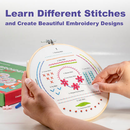 Azenera Embroidery Kit for Beginners - Complete set with video instructions, 4 patterned fabrics, threads, bamboo hoop & tools - Easy way to learn Embroidery (AZA100)