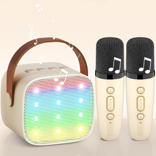 Karaoke machine with 2 wireless microphones, Wowstar Portable Bluetooth Karaoke Machine for kids and adults with voice changing effects & LED lights. Perfect for boys and girls gifts, home parties. Available in beige.