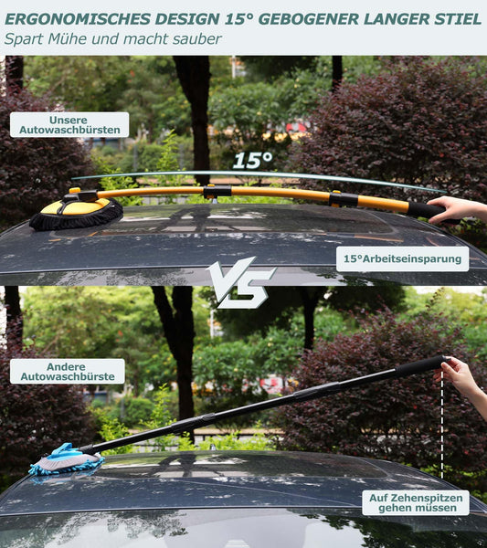 Innhom 15° Curve Car Wash Brush Telescopic Wash Brush, Wash brush with telescopic handle, Car wash brush with handle Long handle for cars, RV, SUV, truck, with 2 x mop heads (Yellow (Mop with 2 heads))