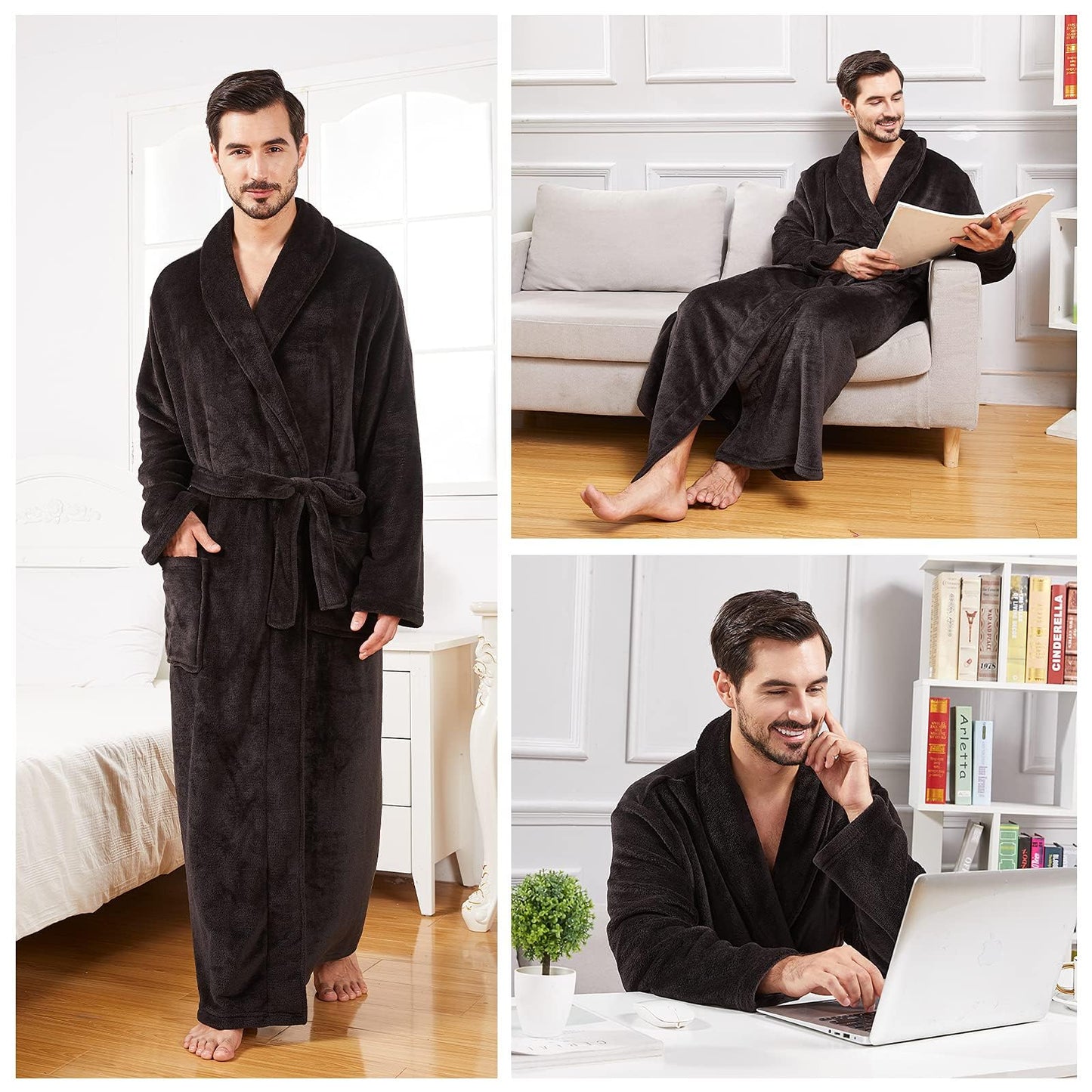 FashGudim Men's Bathrobes large and oversized in full length plush fleece long robe shawl collar warm winter men's bathrobe (Black, L/XL)