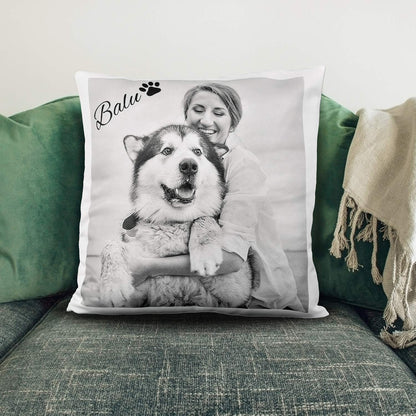LOOXIS Personalized photo & text printed pillow, customizable – 40x40 cm, colored backside, linen texture – Gift idea for men, women, anniversary, birthday, housewarming – Midnight Blue.