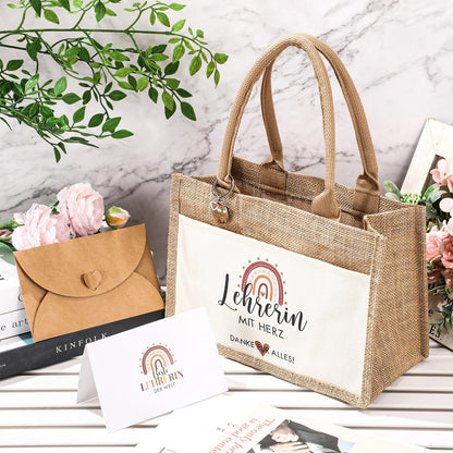 Tenare 4-piece Thank You Gifts for Teacher Day - Teacher Jute Handbag, Metal Teacher Keychain with Engraving, Rainbow Thank You Card with Envelope. Farewell to Educator for Graduation School.