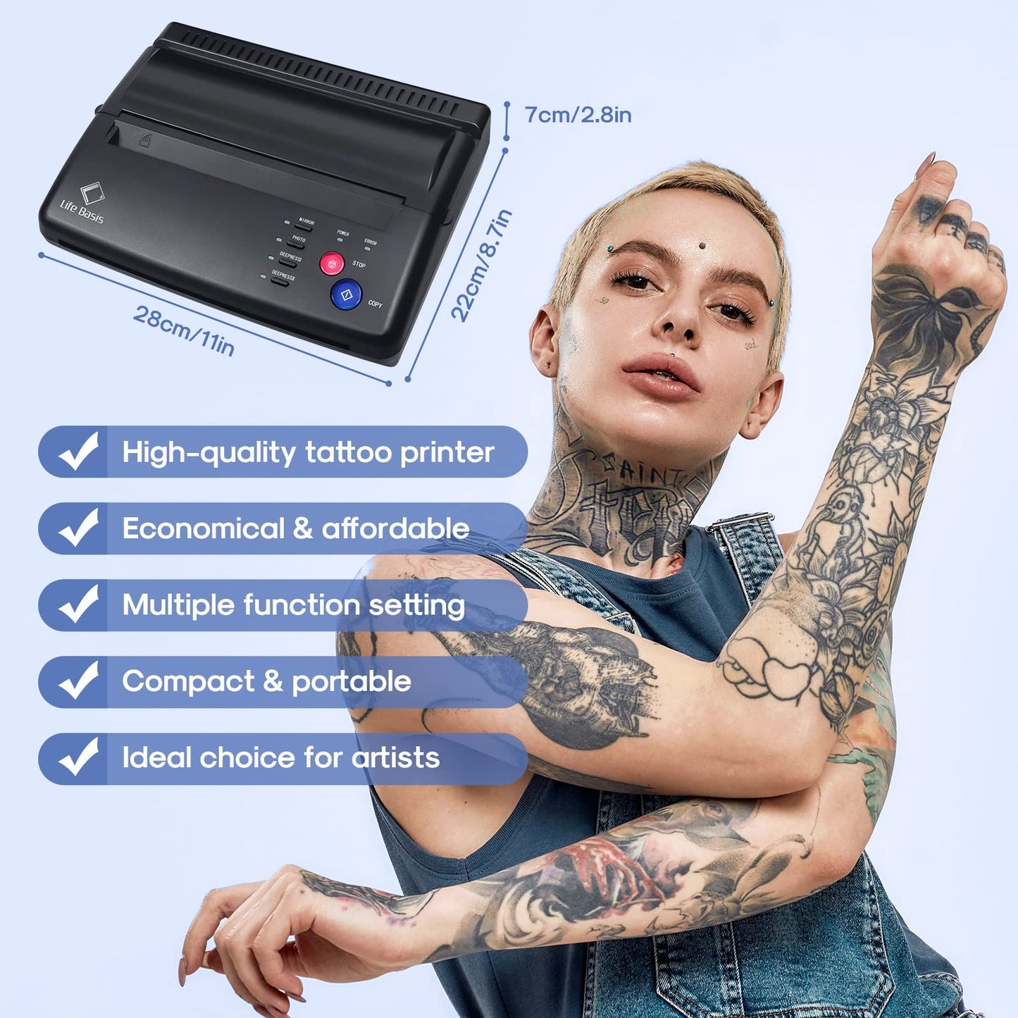 LifeBasis Tattoo Machine Set Thermal Stencil Tattoo Transfer Paper Transfer Machine Thermo Printer Copier Thermal Printer for Temporary Tattoos Tattooing Black MULTI WAY