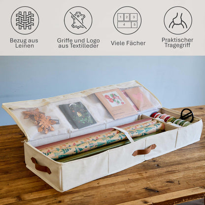 LOVE IT STORE IT Premium Gift Wrap Organizer - High-quality fabric gift wrap storage with compartments for ribbons - Beige - 90x30x12 cm