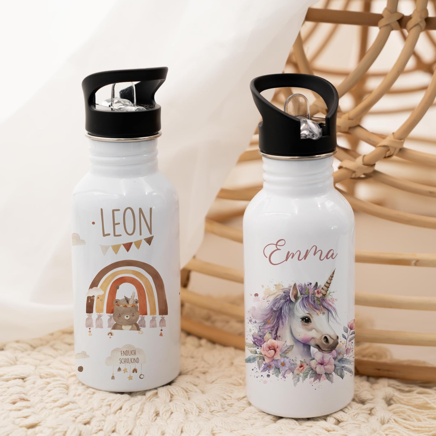 Kidsmood - Personalized stainless steel water bottle for children, 500ml with built-in straw, Leak-proof, Dishwasher-safe, and Perfect for school & kindergarten.