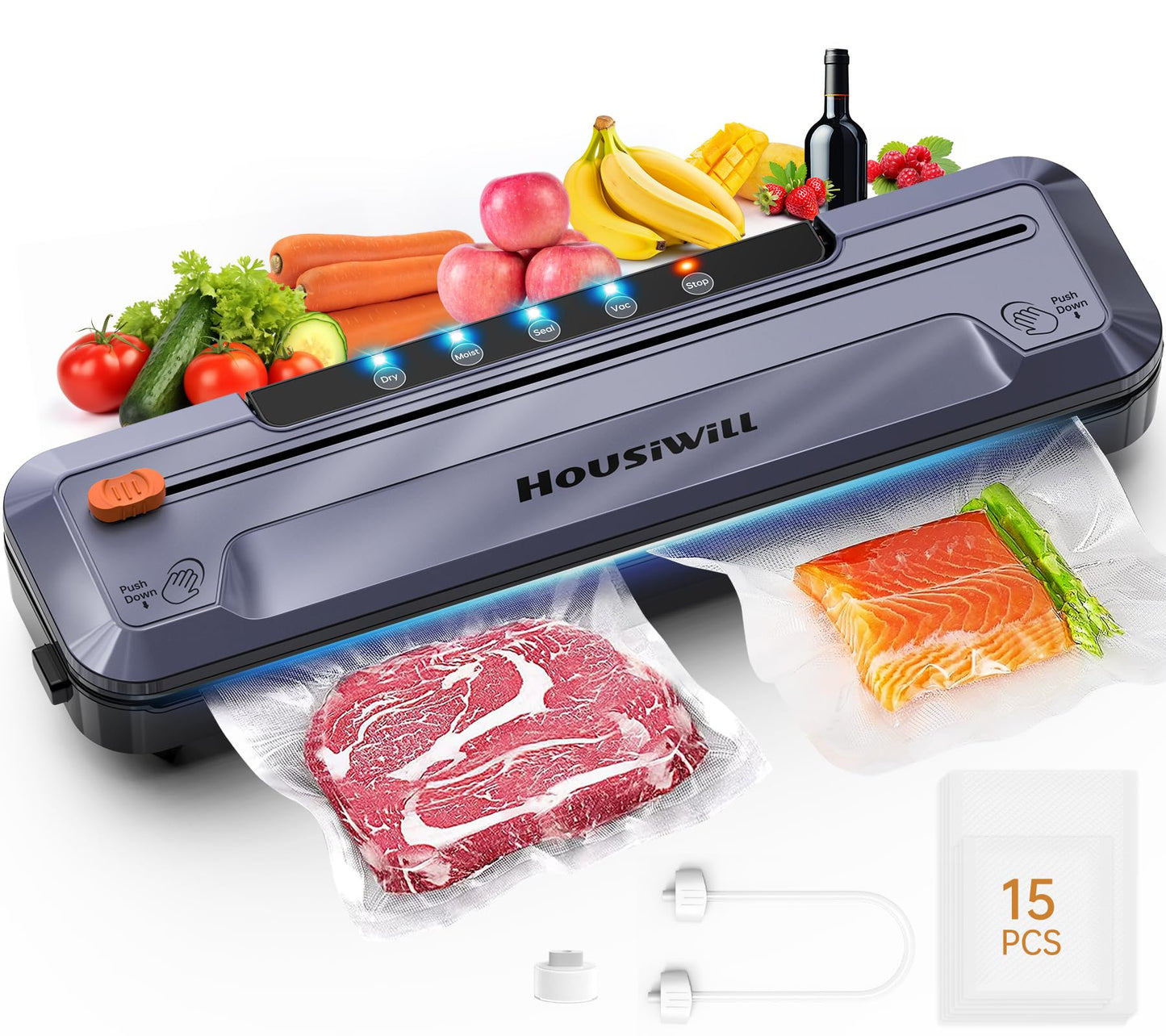 Housiwill Vacuum Sealer, 5-in-1 vacuum sealer with built-in cutter, food sealing machine for dry/moist food preservation mode, comes with 15 vacuum bags and 1 hose.