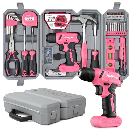 Hi-Spec 58 piece tool set in pink. Cordless drill toolbox tool kit: Tool case filled with 8V cordless drill - tools for women household workshop DIY.