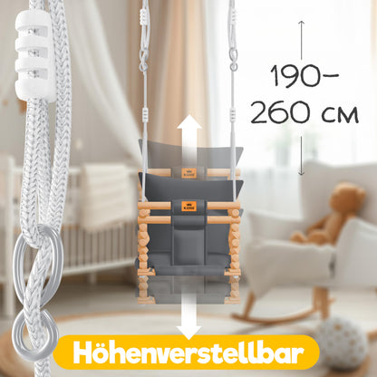 KIDIZ® Baby Swing Seat with Padding | Wooden Swing with Anti-Tip up to 60KG | Adjustable Height Indoors & Outdoors | 0.5-3 years | Mounting Accessories & Safety Belt Anthracite