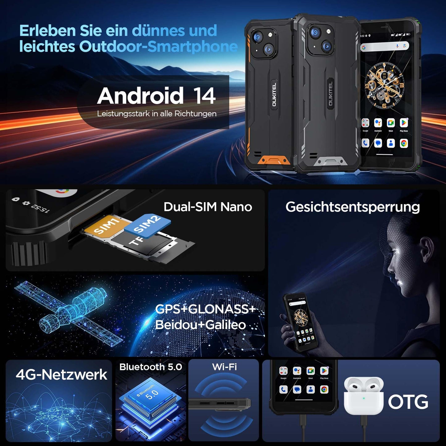 OUKITEL G2 Android 14 Outdoor Phone Unlocked, 6" HD+ Octa-Core affordable Smartphone, 16GB+64GB Smartphone 4G, 6300mAh Battery, IP68 Waterproof, 5+13MP Camera, Dual SIM, OTG-Green