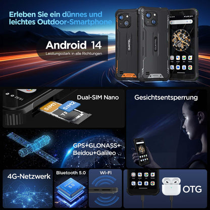 OUKITEL G2 Android 14 Outdoor Phone Unlocked, 6" HD+ Octa-Core affordable Smartphone, 16GB+64GB Smartphone 4G, 6300mAh Battery, IP68 Waterproof, 5+13MP Camera, Dual SIM, OTG-Green