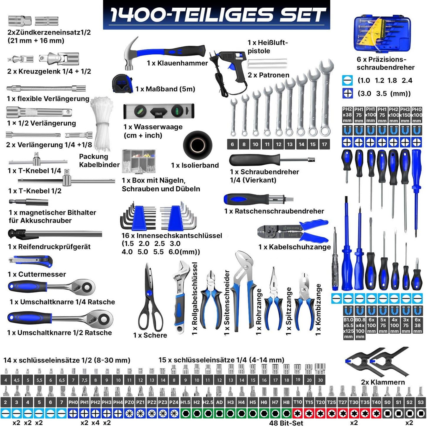 MASKO® 969-piece tool kit toolbox tool chest tool trolley professional 969 parts quality tools - Blue