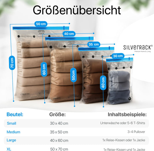SilverRack travel vacuum bags for rolling [12 pieces] in 3 sizes (4x 35x50 cm / 4x 40x60 cm / 4x 50x70 cm) - Travel vacuum bags for clothes - Vacuum clothes bags - Clothes vacuum storage bags.