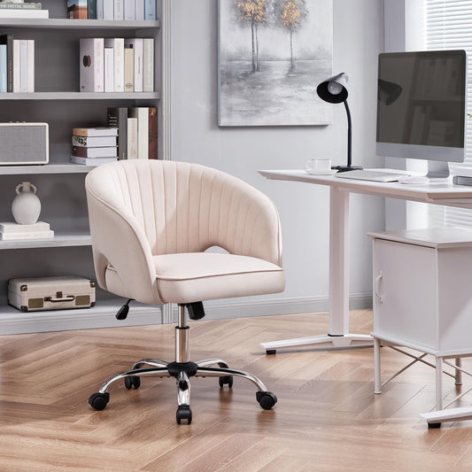 Yaheetech Makeup Chair with Velvet Cover, Office Chair with Armrests, Swivel Chair with Casters, Height Adjustable Home Office Chair, Office Chair with Rocking Function, Rotatable Upholstered Chair Cream White