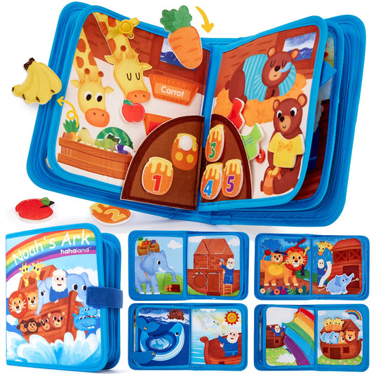 hahaland Quiet Book for 1 year + - Noah's Ark Bible story, 18 classic activities busy board promotes fine motor skills, busy book baptism gift for Montessori toys for 1 2 3 years.