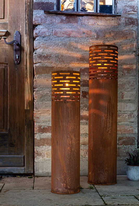 Passion for decor: Set of 2 rust design metal lantern pillars, 75 + 95 cm tall, garden lantern, candle holder, decorative pillar with candle glass, metal pillar, candle pillar, outdoor garden decor.