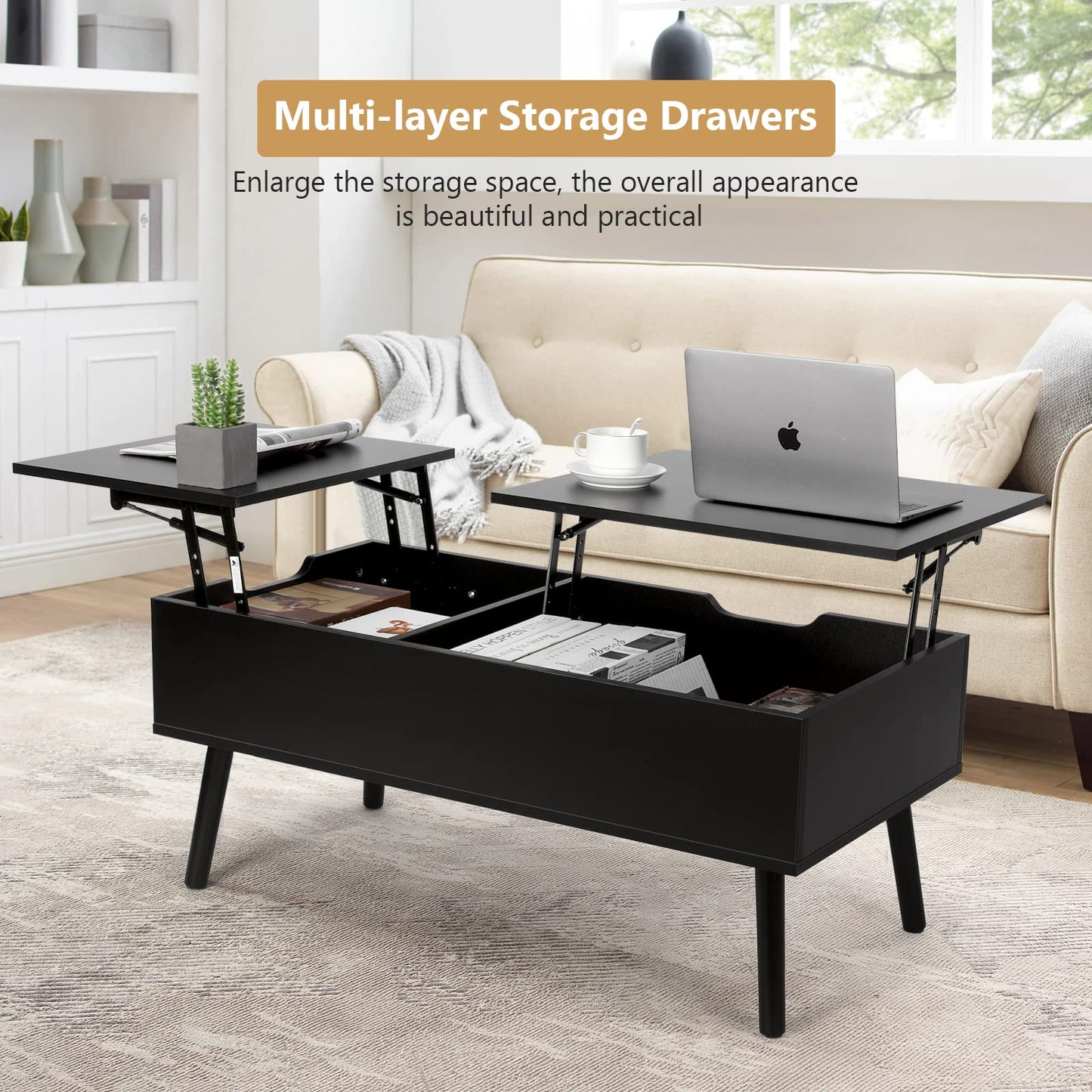 VOWNER Coffee Table, Adjustable Height Coffee Table, Extendable, Retractable Coffee Table, Separate Hidden Storage Compartment, Double Lift Top, Living Room Table, Black