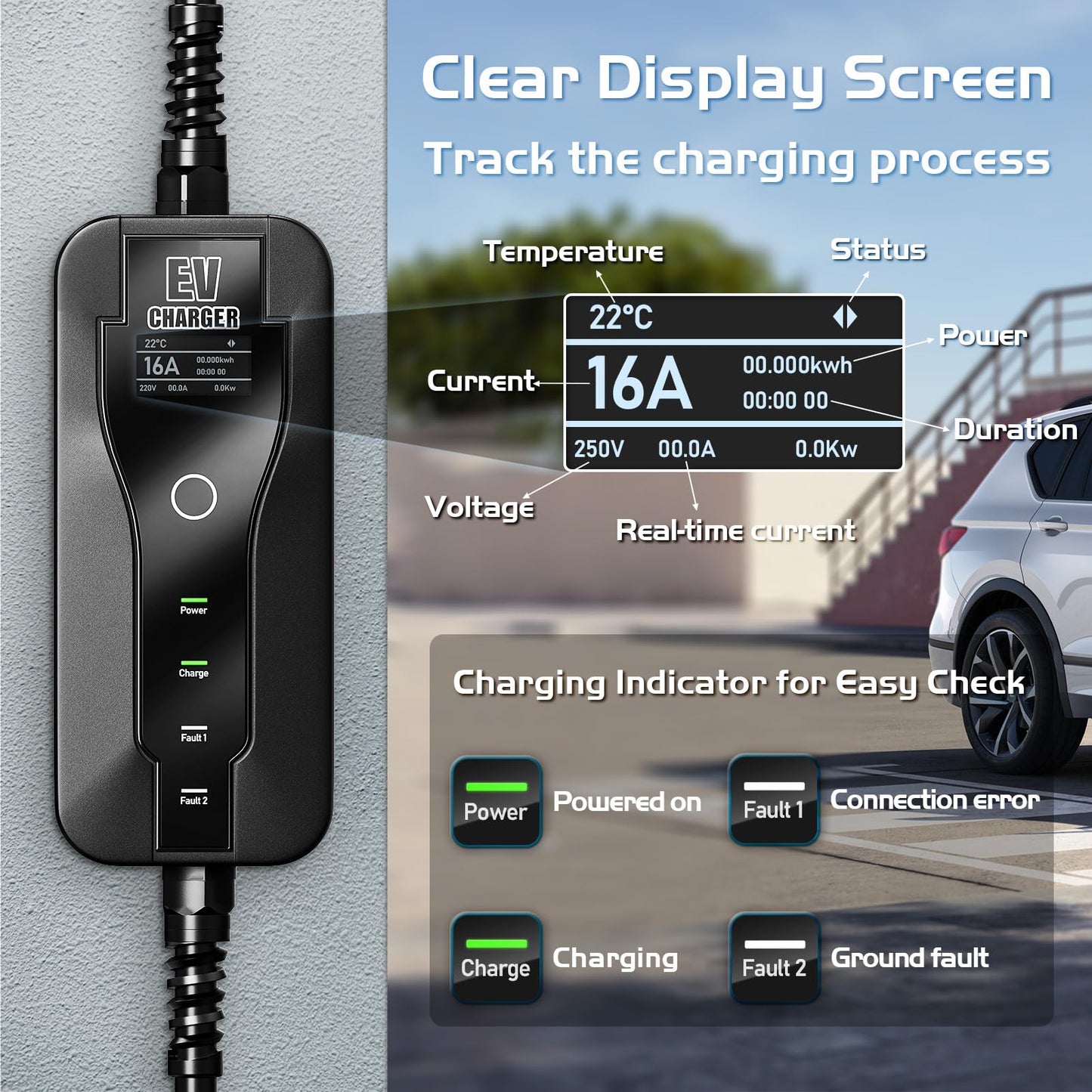 AFYEEV 3.6kW Type 2 charging cable, 6M, with Schuko plug for electric car, adjustable current 8A/10A/13A/16A, EV charger with bag (IEC 62196-2)