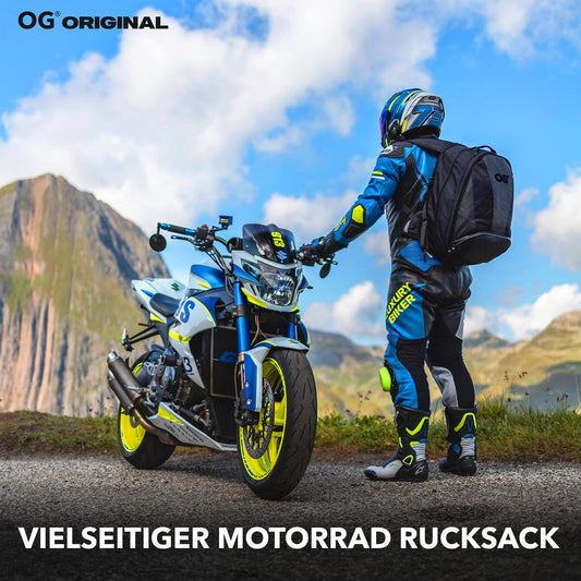 OG Original EZ-RiderPRO Motorcycle Backpack Black Expandable 28-35L, Motorcycle Helmet Bag, Helmet Carrying Strap, Waterproof, Laptop Compartment, Reflective, Black Logo