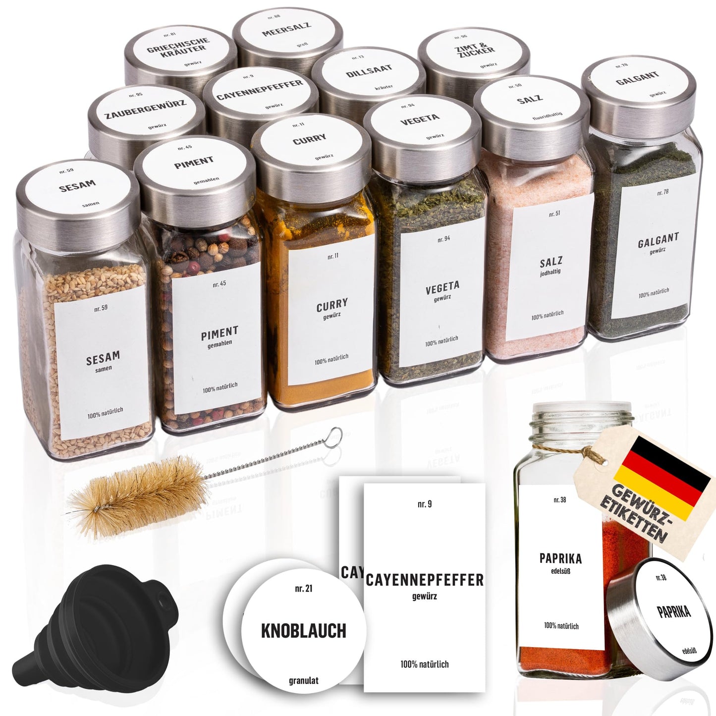 Deco house® Spice Jars Square Airtight 12 Piece Set [including labels & sprinkle insert] - Glass Spice Jar Set - Spice Container Spice Jars - Spice Storage - Containers for Spices - Spice Storage