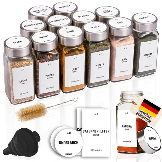 Deco house® Spice Jars Square Airtight 12 Piece Set [including labels & sprinkle insert] - Glass Spice Jar Set - Spice Container Spice Jars - Spice Storage - Containers for Spices - Spice Storage