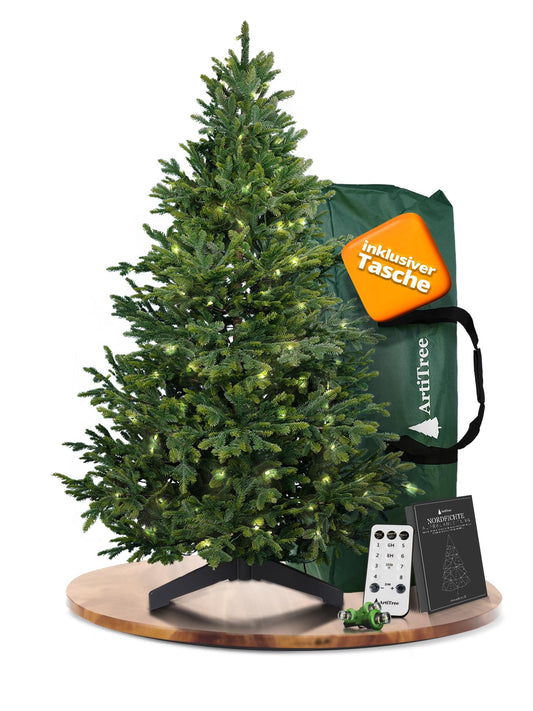 Artificial Christmas tree 180cm - 100% injection-molded Nordman fir with LED lights | Premium lifelike tannenbaum including FSC wood stand & storage bag.