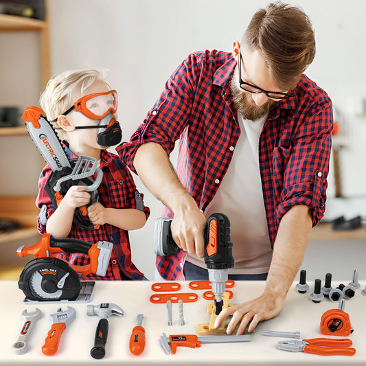 Vanplay tool box kids toy for ages 3 and up. Includes tools like chainsaw, electric drill, and circular saw. Perfect for children ages 3, 4, 5, and 6.