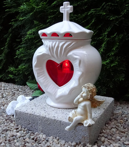 Grave lamp with heart base white 26.0cm grave light grave decoration grave lantern grave candle candle grave lamp lantern light mourning cemetery garden.