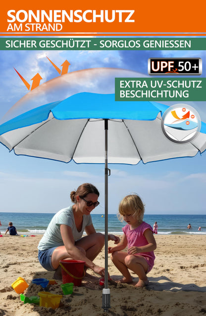 4smile beach umbrella SunnyJoy 3-IN-1-SET, blue - beach umbrella Ø 180 cm + ground sleeve + protective cover - wind-resistant and stable, with UV protection 50+.