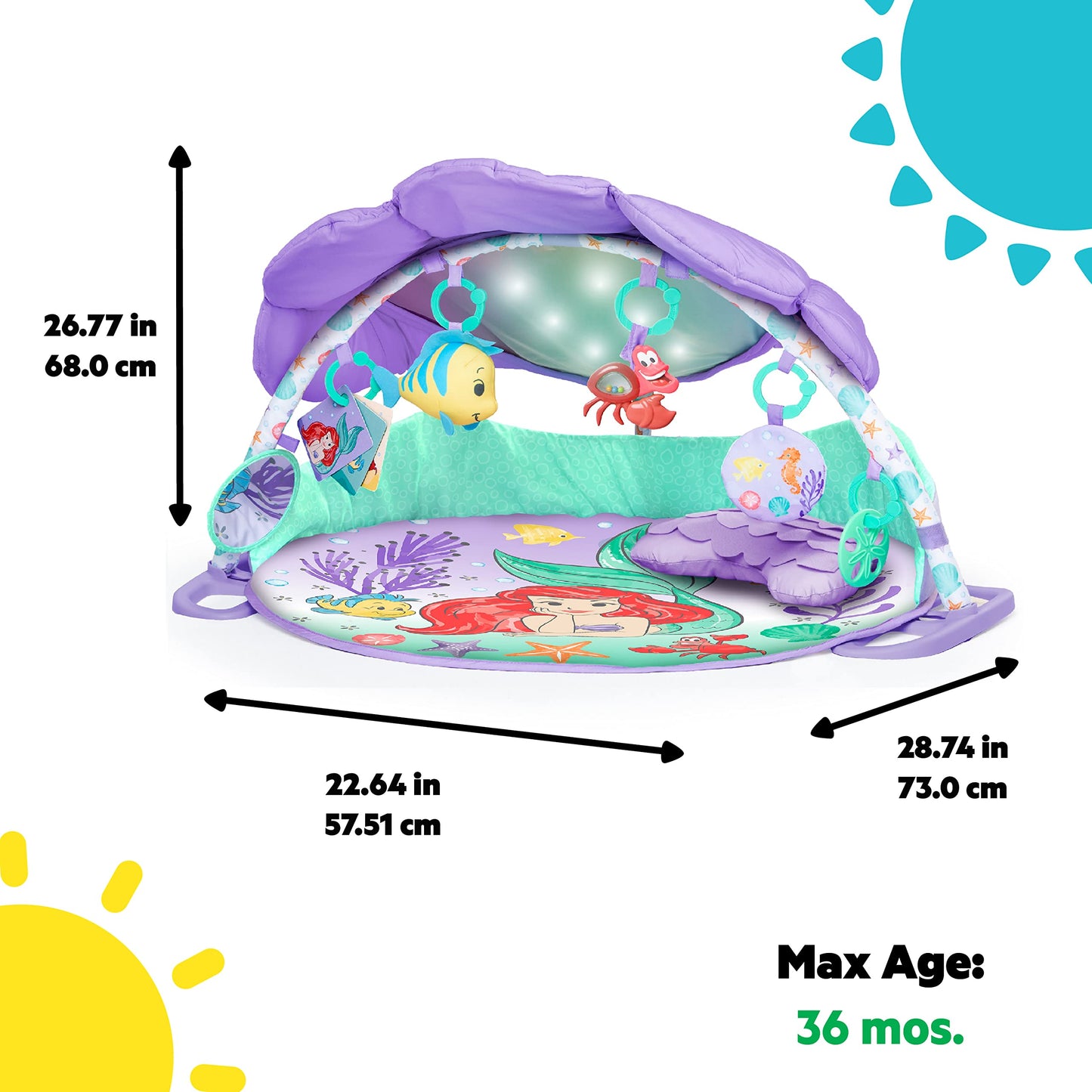 Bright Starts, The Little Mermaid Twinkle Trove illuminated music activity gym, 25 minutes of melodies, 6 toys included, for newborns +.