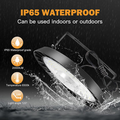 Toobettp 200W UFO LED workshop lamp, 20000LM 6500K cool white LED UFO industrial lamp, IP65 waterproof high bay light for warehouse lighting, workshop lighting, factories, airport, patio