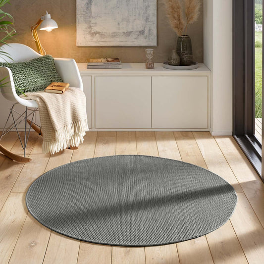 Taracarpet Indoor & Outdoor Rug Weatherproof Living Room Balcony Kitchen Rug Flatweave sisal look mottled Plain Uni anthracite dark gray 120x120 cm round
