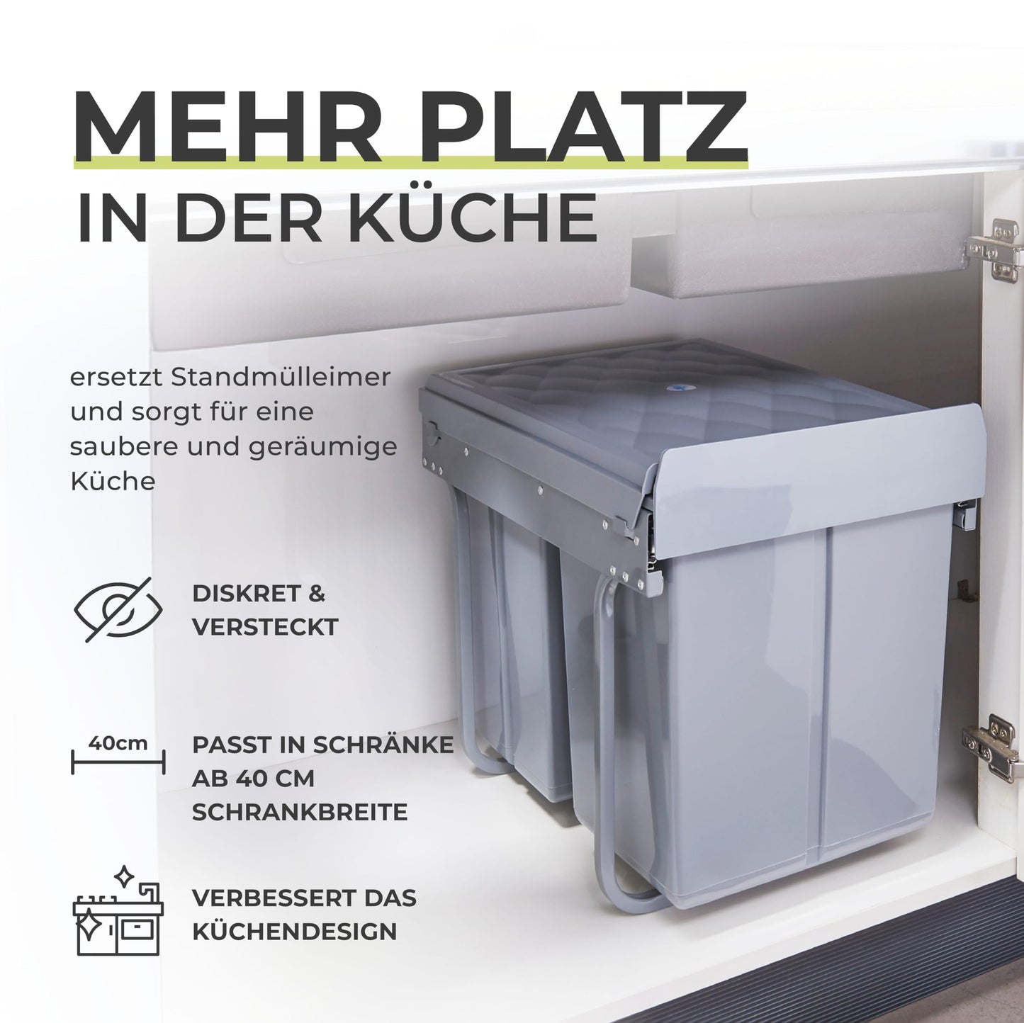 [en.casa] Built-in waste bin Froland waste bin 3 compartments waste separation system extendable trash can kitchen 2x10L+1x20L removable containers 48 x 34 x 42 cm kitchen waste bin Gray