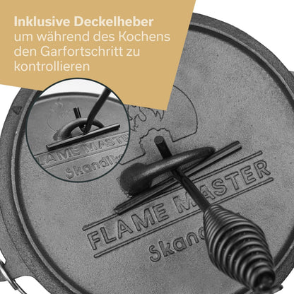 Skandika Dutch Oven Flame Master 5.1 L | Cast iron pot for cooking, includes recipe book by the Sauerländer BBCrew, pre-seasoned, without feet, lid lifter, carrying bag | Fire pot for grilling, camping