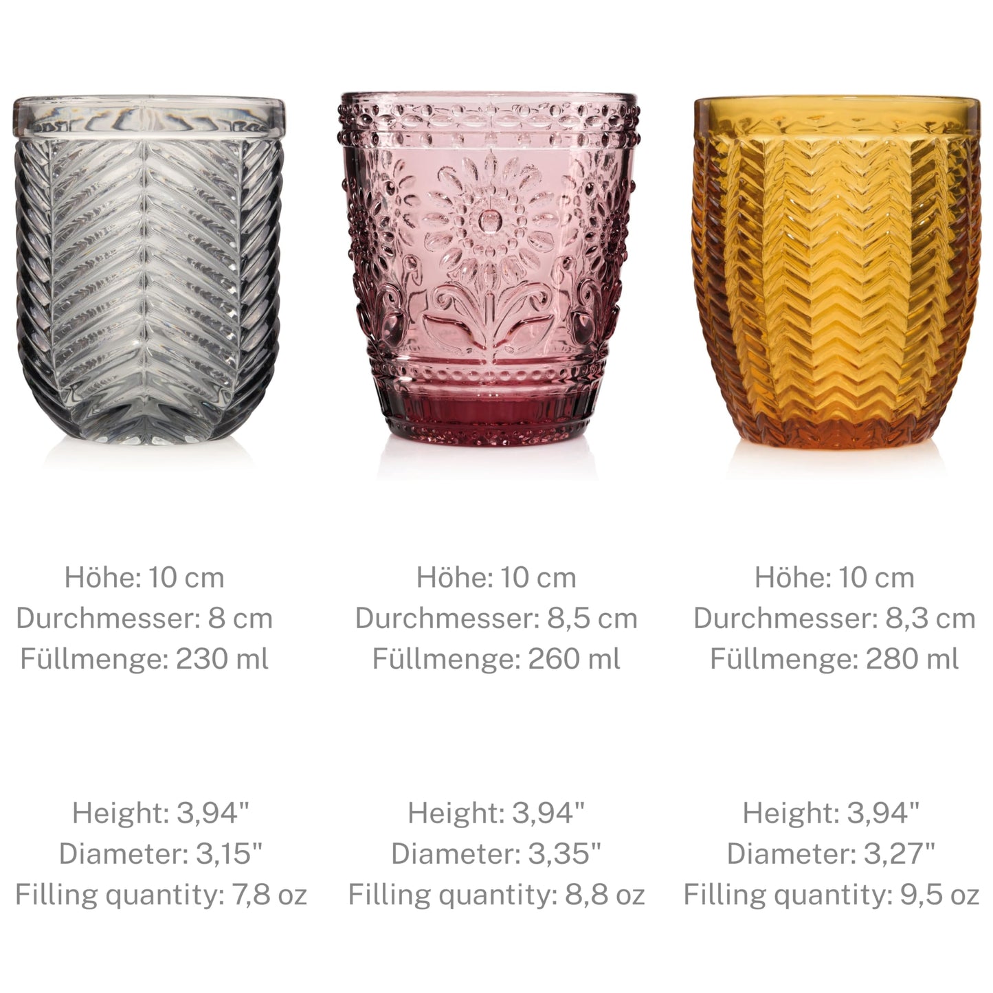 Singer drinking glasses set of 6 glass glasses for 6 people, water glass, multicolored, unique cut, everyday, family meals, office, outdoor juice glasses set | 310 ml.
