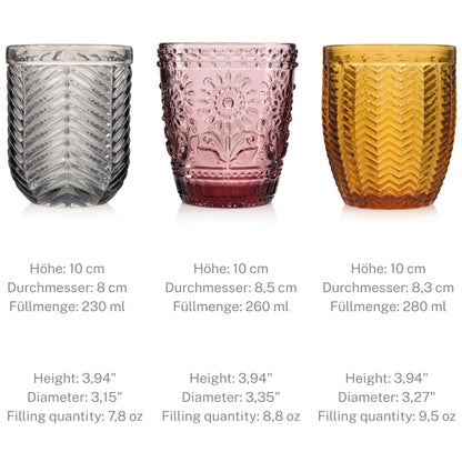 Singer drinking glasses set of 6 glass glasses for 6 people, water glass, multicolored, unique cut, everyday, family meals, office, outdoor juice glasses set | 310 ml.