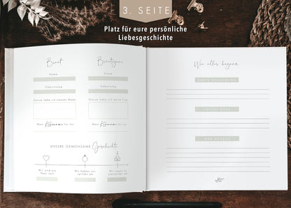 "Love and Air guestbook for wedding with fill-in questions, Vintage, gold foil accents, Hardcover - Eucalyptus"