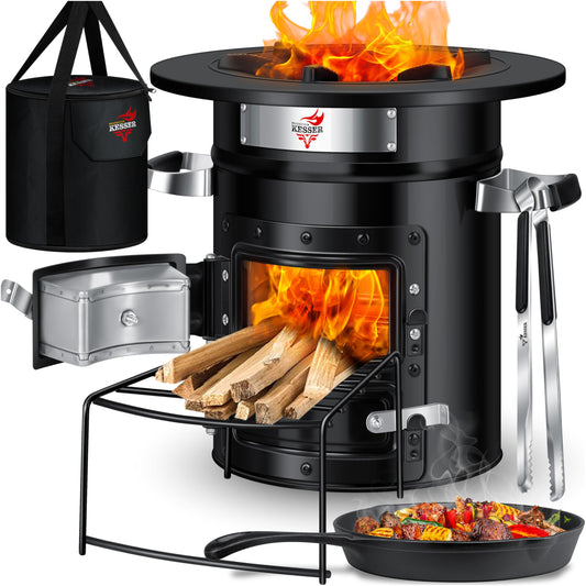 KESSER® Rocket Stove with cast iron grill pan | incl. grill tongs & carrying bag | Dutch Oven 6 integrated spikes | BBQ Rocket Stove wood stove | Camping outdoor stove | Camping grill stainless steel