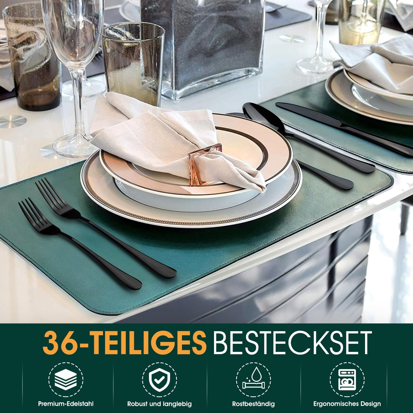 TAN REN Black Cutlery Set for 6 People, 36-Piece Stainless Steel Black Cutlery Set with Steak Knives, Elegant Dining Utensils with Knife Fork Spoon, Tableware for Kitchen/Restaurant