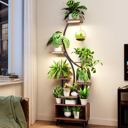 ShineMuse Plant Stand with Growth Light 160cm, Wood and Metal Flower Stand with LED Growth Light, 7-Tier Metal Plant Shelf with Legs for Outdoor and Indoor, Living Room, Balcony, Bedroom